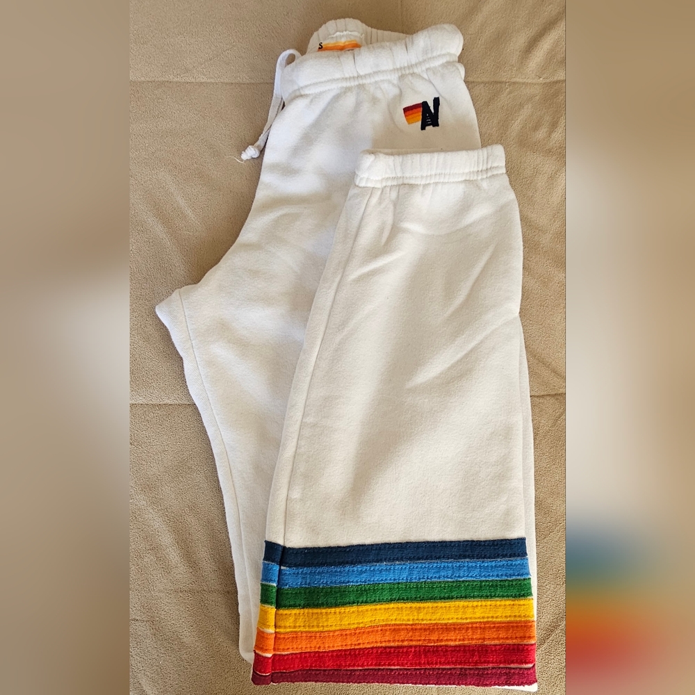 Aviator Nation Small White Sweatpants with Rainbow Stitch